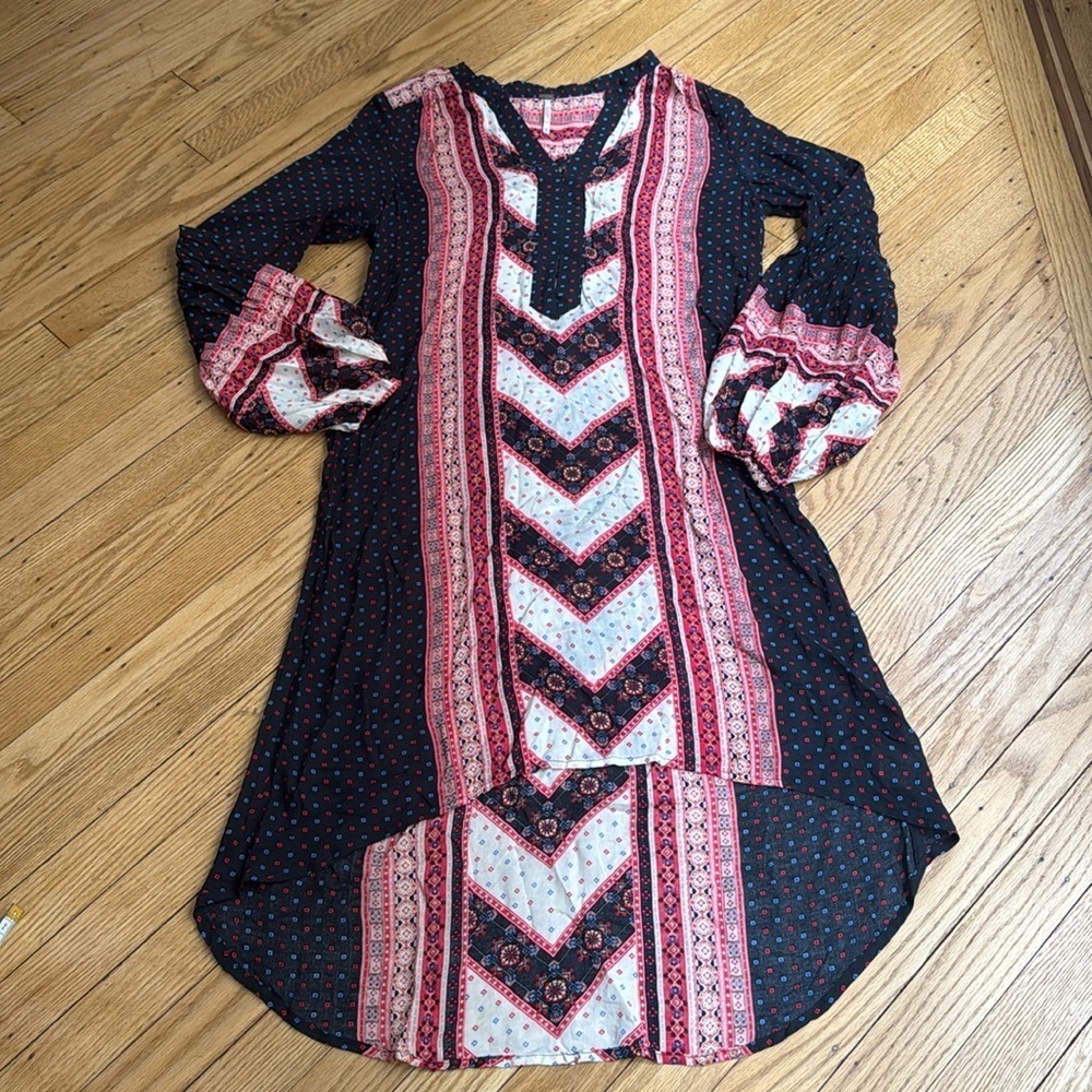 Free People black red PEACEMAKER tribal tunic asymmetrical hi-lo dress XS boho - Picture 2 of 7
